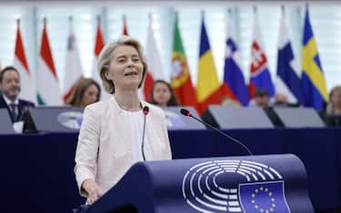 epa11484825 Outgoing European Commission President and candidate for re-election Ursula von der Leyen delivers a speech during a plenary session of the European Parliament in Strasbourg, France, 18 July 2024. MEPs will vote on Von der Leyen's nomination for Commission President on 18 July. If she is elected, she will serve as European Commission President for the next five years. If she does not get the required majority, the European Council will have to propose a new candidate within one month.  EPA/RONALD WITTEK