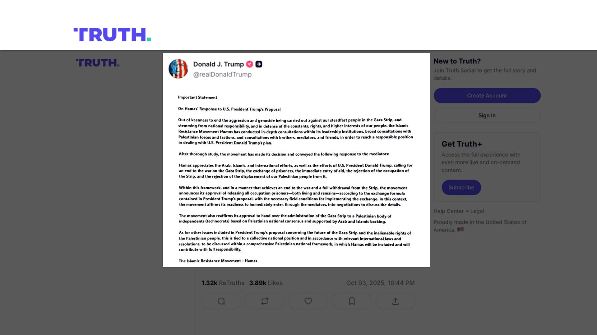 Il messaggio di Hamas a Trump sull'apertura al piano di pace