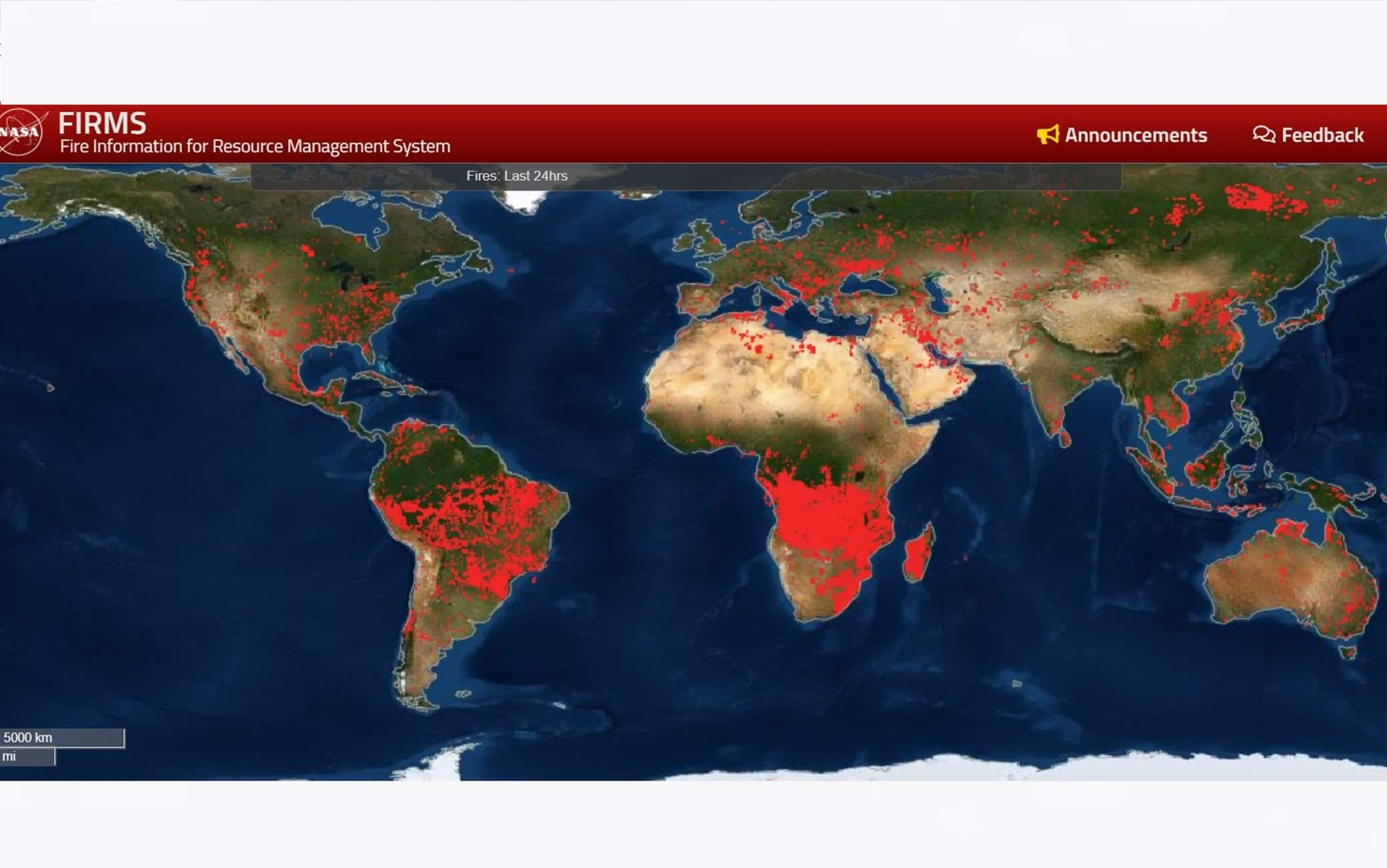 La mappa della Nasa sugli incendi nel mondo