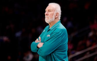 DETROIT, MICHIGAN - FEBRUARY 10: Head coach Gregg Popovich of the San Antonio Spurs looks on in the first half of a game against the Detroit Pistons at Little Caesars Arena on February 10, 2023 in Detroit, Michigan. NOTE TO USER: User expressly acknowledges and agrees that, by downloading and or using this photograph, User is consenting to the terms and conditions of the Getty Images License Agreement. (Photo by Mike Mulholland/Getty Images)
