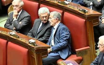 Massimo D'Alema e Romano Prodiduring the secular State Funeral for the President Emeritus Giorgio Napolitano, in the Chamber of Montecitorio in Rome, Italy, 26 September 2023.  Italy on Tuesday mourns Giorgio Napolitano, the nation's first two-time president who died aged 98 in Rome on Friday, with a non-religious State funeral in the Lower House. 
 ANSA/ALESSANDRO DI MEO