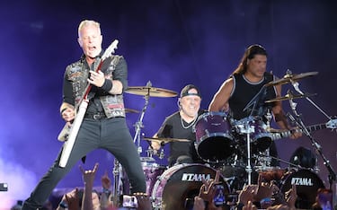 CHICAGO, ILLINOIS - JULY 28: (L-R) James Hetfield, Robert Trujillo and Lars Ulrich of Metallica performs in concert during day 1 of Lollapalooza at Grant Park on July 28, 2022 in Chicago, Illinois. (Photo by Gary Miller/FilmMagic)