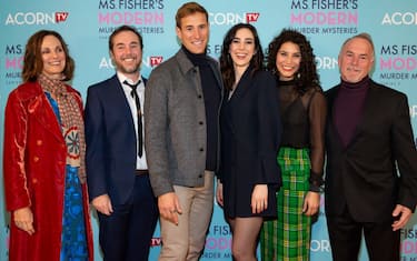 MELBOURNE, AUSTRALIA - MAY 19: Full cast Catherine McClements, Toby Truslove, Joel Jackson, Geraldine Hakewill, Louisa Mignone and Greg Stone attends the premiere of Ms. Fisher's Modern Murder Mysteries Series 2 on May 19, 2021 in Melbourne, Australia. (Photo by Sam Tabone/WireImage)