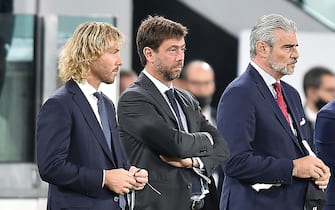 (FOTO ARCHIVIO) Maurizio Arrivabene, Pavel Nedved, Andrea Agnelli e Federico Cherubini presso allianz stadium, Torino, 30 novembrer 2021.ANSA/ALESSANDRO DI MARCO