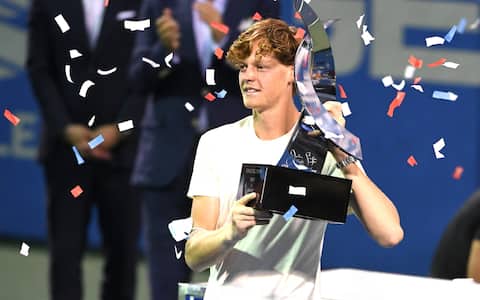 WASHINGTON, DC - AUGUST 08: Jannik Sinner of Italy celebrates winning the finals against Mackenzie McDonald of the United States on Day 9 during the Citi Open at Rock Creek Tennis Center on August 8, 2021 in Washington, DC. (Photo by Mitchell Layton/Getty Images)