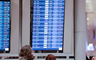 TEL AVIV, ISRAEL - APRIL 14: An info-board shows the status of flights as Israel closed its airspace to all domestic and international flights between 01.00-07.00 a.m. were canceled after Iran launched the attack on Israel, at Ben Gurion airport in Tel Aviv, Israel on April 14, 2024. (Photo by Nir Keidar/Anadolu via Getty Images)