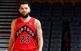 TORONTO, CANADA - JANUARY 9: Fred VanVleet #23 of the Toronto Raptors looks on during the game against the New Orleans Pelicans on January 9, 2022 at the Scotiabank Arena in Toronto, Ontario, Canada.  NOTE TO USER: User expressly acknowledges and agrees that, by downloading and or using this Photograph, user is consenting to the terms and conditions of the Getty Images License Agreement.  Mandatory Copyright Notice: Copyright 2022 NBAE (Photo by Vaughn Ridley/NBAE via Getty Images)