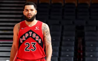 TORONTO, CANADA - JANUARY 9: Fred VanVleet #23 of the Toronto Raptors looks on during the game against the New Orleans Pelicans on January 9, 2022 at the Scotiabank Arena in Toronto, Ontario, Canada.  NOTE TO USER: User expressly acknowledges and agrees that, by downloading and or using this Photograph, user is consenting to the terms and conditions of the Getty Images License Agreement.  Mandatory Copyright Notice: Copyright 2022 NBAE (Photo by Vaughn Ridley/NBAE via Getty Images)
