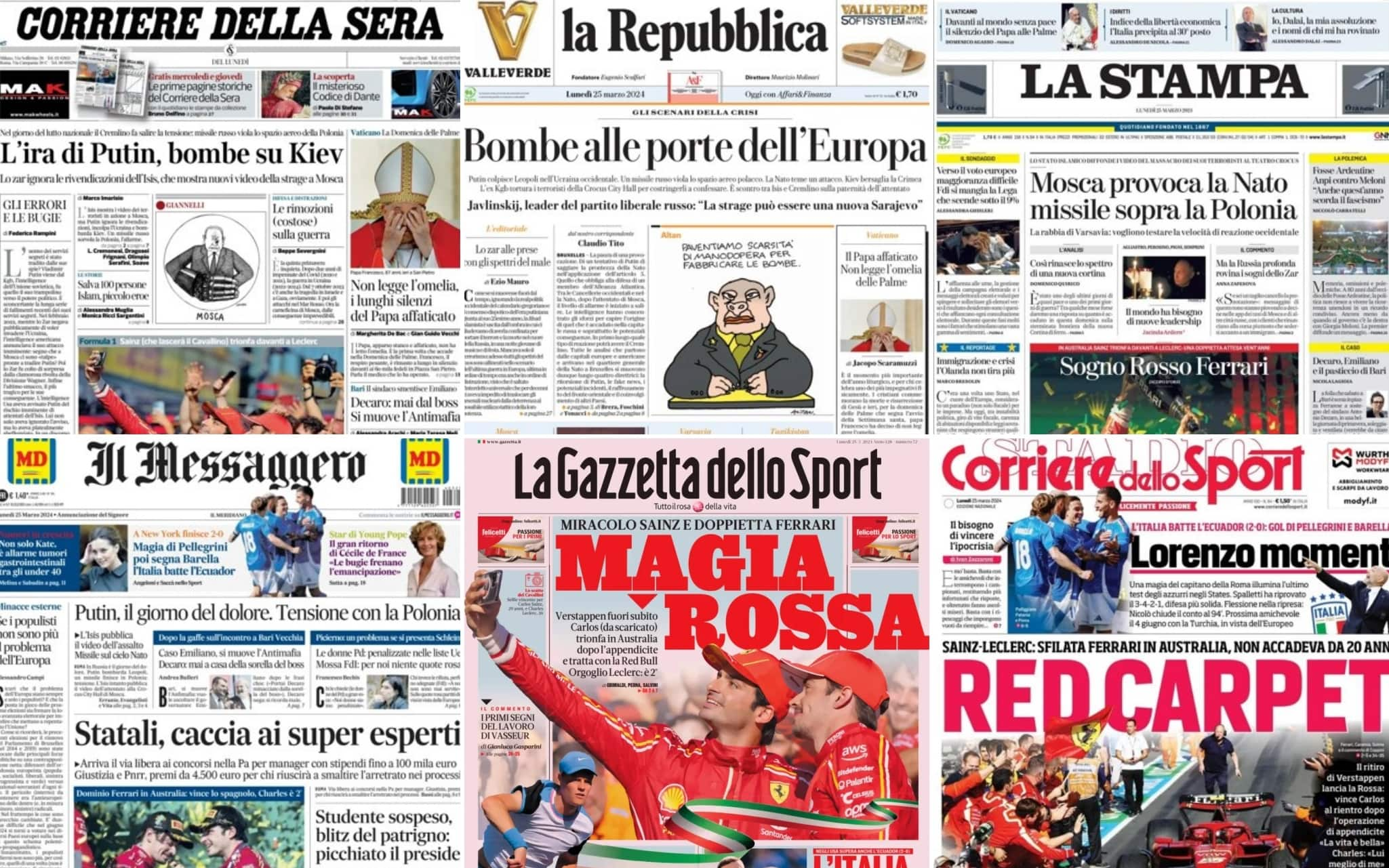 Le prime pagine dei quotidiani di oggi 25 marzo la rassegna