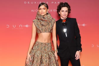 PARIS, FRANCE - FEBRUARY 12: Zendaya and TimothÃ©e Chalamet attend the "Dune 2" Premiere at Le Grand Rex on February 12, 2024 in Paris, France. (Photo by Pascal Le Segretain/Getty Images)
