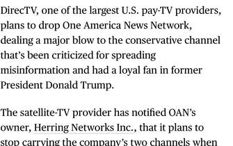 DirecTv ha annunciato che nei prossimi mesi rimuoverà dalla sua piattaforma satellitare One America News, canale all news di estrema destra