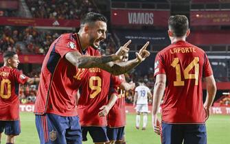 epa10857265 Spain's striker Joselu celebrates after scoring the 3-0 goal during the UEFA Euro 2024 qualifying group A soccer match between Spain and Cyprus, in Granada, Andalusia, Spain, 12 September 2023.  EPA/Miguel Angel Molina