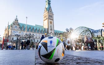 HAMBURG, GERMANY - DECEMBER 01: A general view of the Rathausplatz with the UEFA EURO 2024 Official Match Ball prior to the UEFA EURO 2024 Final Tournament Draw at Elbphilharmonie on December 01, 2023 in Hamburg, Germany. (Photo by Boris Streubel - UEFA/UEFA via Getty Images)