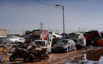 VALENCIA, SPAIN - OCTOBER 31: A view of piled up cars following deadly floods  in Valencia, Spain on October 31, 2024. At least 95 people died in the region of Valencia and two people in Castile-La Mancha community in Spain. (Photo by Alex Juarez/Anadolu via Getty Images)