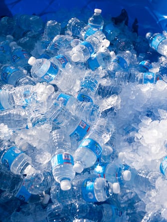 Bottled water on ice at a marathon race finish line