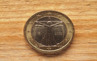 1 Euro coin showing Vitruvian man by Leonardo da Vinci, currency of Italy, EU
