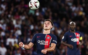 epa10797787 Paris Saint Germain's Manuel Ugarte in action during the French Ligue 1 soccer match between Paris Saint Germain and FC Lorient in Paris, France, 12 August 2023.  EPA/Mohammed Badra