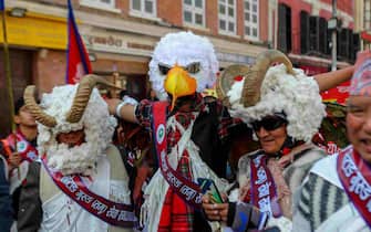 KATHMANDU, NEPAL-DECEMBER 31: Nepalese men from the Gurung community dressed as a sheep and eagle take part in the parade to mark the Tamu Lhosar or New Year in Kathmandu, Nepal on December 31, 2023. (Photo by Sunil Pradhan/Anadolu via Getty Images)