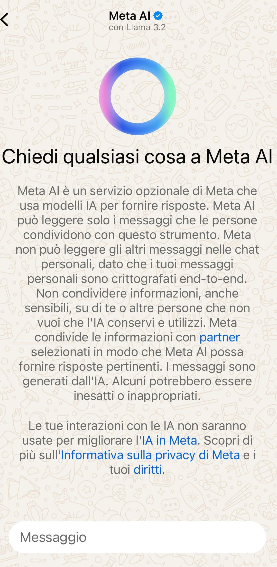 Nello screen, la schermata iniziale quando si avvia una chat con Meta AI Meta IA whatsapp