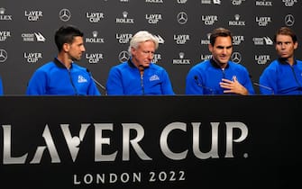 Team Europe's Novak Djokovic, captain Bjorn Borg, Roger Federer and Rafael Nadal (left-right) during a press conference ahead of the Laver Cup at the O2 Arena, London. Picture date: Thursday September 22, 2022.