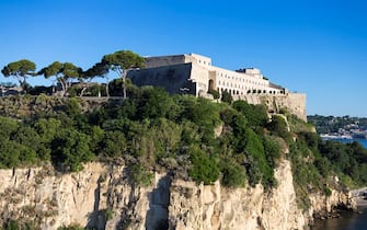 Aerial view. Castello Aragonese. Aragonese Castle. Baia. Bacoli. Gulf of Pozzuoli. Campi Flegrei. Campania. Italy. Europe. (Photo by: Carlo Borlenghi/REDA&CO/Universal Images Group via Getty Images)