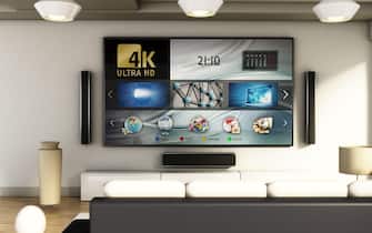 Modern 4K smart TV room with large windows and parquet floor. 3D illustration