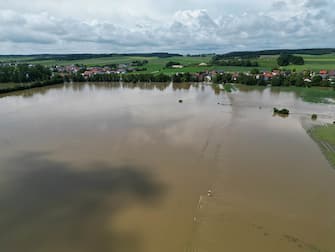 02 June 2024, Bavaria, Hohenkammer: The River Glenn has burst its banks near Eglhausen in the municipality of Hohenkammer and is flooding meadows and fields (photos taken with a drone). Photo: Felix HÃ¶rhager//dpa (Photo by Felix HÃ¶rhager/picture alliance via Getty Images)