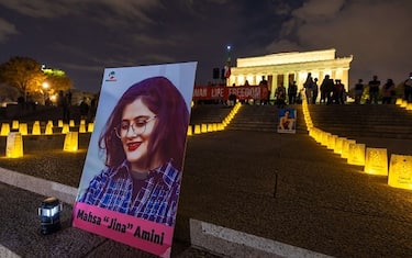 A poster of Mahsa Amini, the young girl killed by the morality police in Iran for her hijab, is displayed in front of the Lincoln Memorial in Washington, D.C., her death sparked the Woman, Life, Freedom movement. October 28, 2023. Photo by Middle East Images/ABACAPRESS.COM