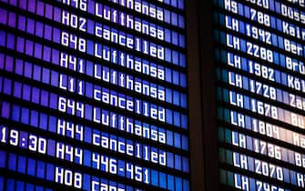 17 January 2024, Bavaria, Munich: Numerous flights are shown as "canceled" on a display board in a departure hall at Munich Airport.  Due to the wintry weather conditions, some flights are canceled at Munich Airport.  Photo: Matthias Balk/dpa (Photo by Matthias Balk/picture alliance via Getty Images)