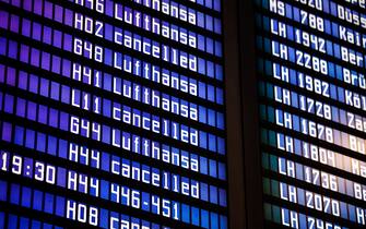 17 January 2024, Bavaria, Munich: Numerous flights are shown as "canceled" on a display board in a departure hall at Munich Airport. Due to the wintry weather conditions, some flights are canceled at Munich Airport. Photo: Matthias Balk/dpa (Photo by Matthias Balk/picture alliance via Getty Images)