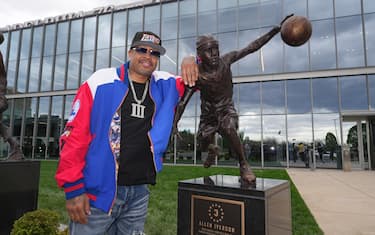 PHILADELPHIA, PA - APRIL 12: Allen Iverson poses for a photo after the Allen Iverson Trophy Unveiling on April 12, 2024 at the Philadelphia 76ers Training Complex in Camden, New Jersey NOTE TO USER: User expressly acknowledges and agrees that, by downloading and/or using this Photograph, user is consenting to the terms and conditions of the Getty Images License Agreement. Mandatory Copyright Notice: Copyright 2024 NBAE (Photo by Jesse D. Garrabrant/NBAE via Getty Images)