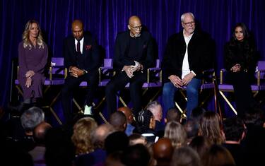 LOS ANGELES, CALIFORNIA - FEBRUARY 08:  Jeanie Buss, Derek Fisher, Kareem Abdul-Jabbar, Phil Jackson and Vanessa Bryant during a unveiling ceremony for the Kobe Bryant Statue at Crypto.com Arena on February 08, 2024 in Los Angeles, California.  NOTE TO USER: User expressly acknowledges and agrees that, by downloading and/or using this photograph, user is consenting to the terms and conditions of the Getty Images License Agreement.  (Photo by Ronald Martinez/Getty Images)