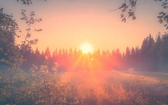 Foggy Summer night sunset view from Sotkamo, Finland.