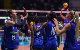 Paola Ogechi Egonu #18 of Italy and Ekaterina Antropova #24 of Italy during CEV EuroVolley 2023 women Final Round Pool B volleyball match between Italy and Zwitzerland at Arena di Monza, Monza, Italy on August 18, 2023