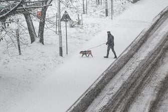epa10998687 A man walks his dog during a snowfall in Przemysl, southeastern Poland, 28 November 2023. Temperatures in Przemysl were reported at minus 2 degrees Celsius.  EPA/Darek Delmanowicz POLAND OUT