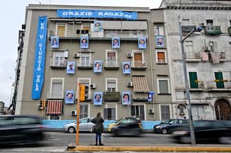 A building in the area of the central station where the photos of the players of SSC Napoli, arranged on the four floors, make the facade of the building look like a page of an album of figurines, Naples, Italy, 10 March 2023. At thirteen rounds from the end of the Serie A football championship SSC Napoli fans are already beginning to celebrate the victory of the Scudetto
ANSA / CIRO FUSCO