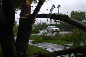 epa10811203 Cars move past downed trees as Tropical Storm Hilary arrives in Cathedral City, California, USA, 20 August 2023. Southern California is under a tropical storm warning for the first time in history as Hilary makes landfall. The last time a tropical storm made landfall in Southern California was 15 September 1939, according to the National Weather Service.  EPA/ALLISON DINNER