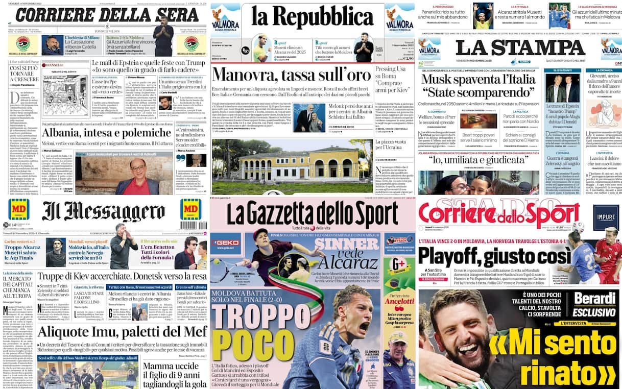 Le prime pagine dei quotidiani di oggi 14 novembre: la rassegna stampa