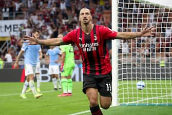 AC Milan's forward Zlatan Ibrahimovi? jubilate after the goal during the Italian Serie A soccer match AC Milan vs Lazio at the Giuseppe Meazza Stadium in Milan, Italy, 12 September 2021. ANSA / ROBERTO BREGANI