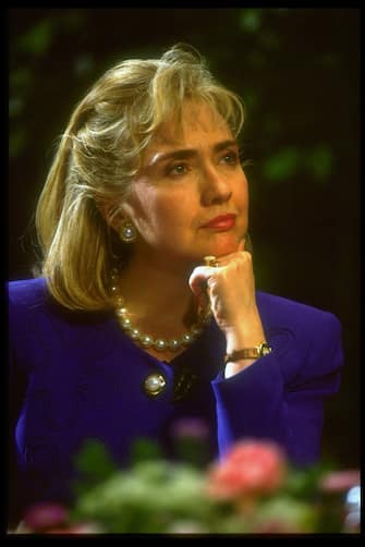 Hillary Rodham Clinton poised listening, propping hand on chin (no caps), re 1st Lady's constantly changing hairstyles.    (Photo by Cynthia Johnson/Getty Images)