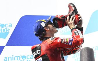 PHILLIP ISLAND GRAND PRIX CIRCUIT, AUSTRALIA - OCTOBER 16: Marc Marquez, Repsol Honda Team, Alex Rins, Team Suzuki MotoGP, Francesco Bagnaia, Ducati Team during the Australian GP at Phillip Island Grand Prix Circuit on Sunday October 16, 2022 in Ventnor, Australia. (Photo by Gold and Goose / LAT Images)