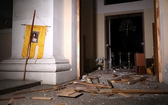 This photograph taken early on July 23, 2023, shows debris of the Transfiguration Cathedral building damaged as a result of a missile strike in Odesa. At least one person was killed and more than 15 wounded in a Russian attack on the southern Ukrainian port city of Odesa, the governor of the region said. (Photo by Oleksandr GIMANOV / AFP) (Photo by OLEKSANDR GIMANOV/AFP via Getty Images)