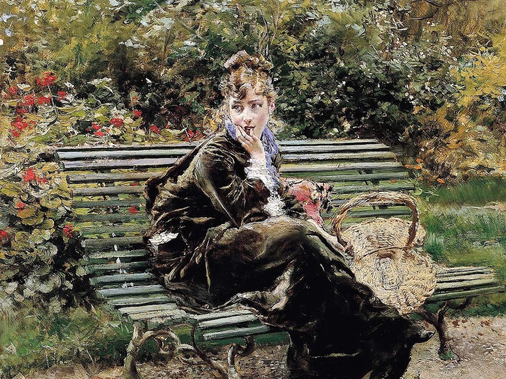 Giovanni Boldini, Sulla panchina al Bois, 1872. Olio su tavola 46 x 34 cm. Collezione privata