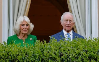 Britain's King Charles III and Queen Camilla during a meeting with the British community in Villa Wolkonsky, Rome, Italy 8 April 2025. ANSA/FABIO FRUSTACI
