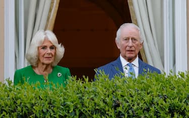 Britain's King Charles III and Queen Camilla during a meeting with the British community in Villa Wolkonsky, Rome, Italy 8 April 2025. ANSA/FABIO FRUSTACI
