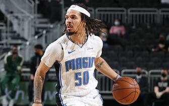 MILWAUKEE, WI - MAY 11: Cole Anthony #50 of the Orlando Magic dribbles the ball during the game against the Milwaukee Bucks on May 11, 2021 at the Fiserv Forum Center in Milwaukee, Wisconsin. NOTE TO USER: User expressly acknowledges and agrees that, by downloading and or using this Photograph, user is consenting to the terms and conditions of the Getty Images License Agreement. Mandatory Copyright Notice: Copyright 2021 NBAE (Photo by Gary Dineen/NBAE via Getty Images). 