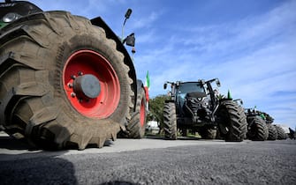 Tractors lined up during a farmers protests on the sidelines of the 74th Sanremo Italian Song Festival, Sanremo, Italy, 08 February 2024. Italian farmers protest against what they say are harmful European agricultural policies, echoing demonstrations in other parts of Europe, including Germany, Belgium and France.  ANSA/ETTORE FERRARI  (protesta, trattori, trattore, mucca, mucche)