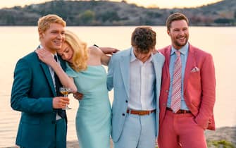 The Perfect Couple. (L to R) Billy Howle as Benji Winbury, Nicole Kidman as Greer Winbury, Sam Nivola as Will Winbury, Jack Reynor as Thomas Winbury in episode 101 of The Perfect Couple. Cr. Hilary Bronwyn Gayle/Netflix © 2024