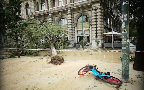 A felled tree blocks a road after a severe storm toppled trees and destroyed several parked cars at Castello Sforzesco, in Milan, Italy, 25 July 2023. A very violent thunderstorm, accompanied by continuous discharges of lightning and sudden gusts of wind, similar to downbursts, struck Milan and a good part of Brianza and northern Lombardy around 4 am. A phenomenon accompanied, in some areas, also by hailstorms.