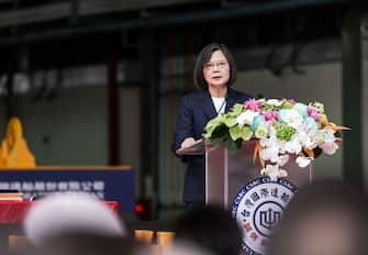 Tsai Ing-wen, Taiwan's president, speaks during an unveiling event for the Taiwan Navy's Hai Kun submarine at CSBC Corp.'s dockyard in Kaohsiung, Taiwan, on Thursday, Sept. 28, 2023. Taiwan unveiled a prototype of its first submarine assembled at home as it prepares to stave off a potential invasion by China, a feat only made possible with the secretive help of other countries. Photographer: I-Hwa Cheng/Bloomberg via Getty Images